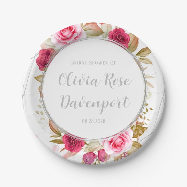 Pink Elegant Roses Geometric Custom Bridal Shower Paper Plates (Front)