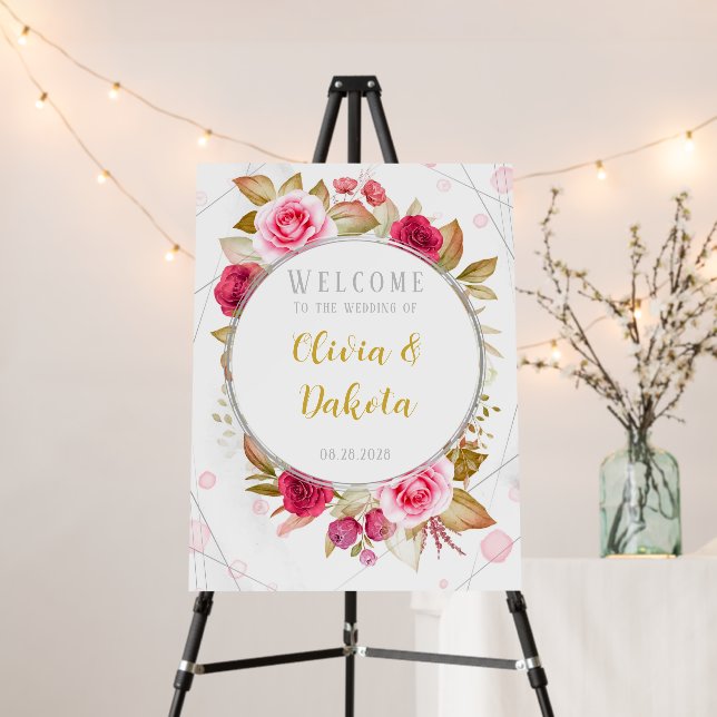 Pink Elegant Roses Geometric Wedding Welcome Sign (In Situ (Stand))