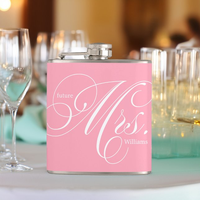 Pink Elegant Script Future Mrs Hip Flask (Creator Uploaded)