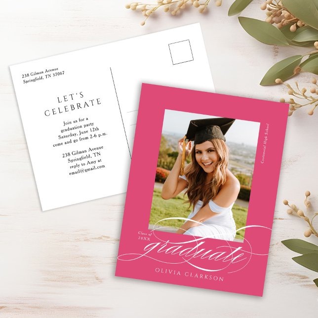 Pink Elegant Script Graduation Party Invitation Postcard (Creator Uploaded)