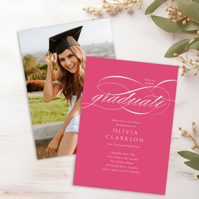 Pink Elegant Script Photo Graduation Party Invitation (Creator Uploaded)