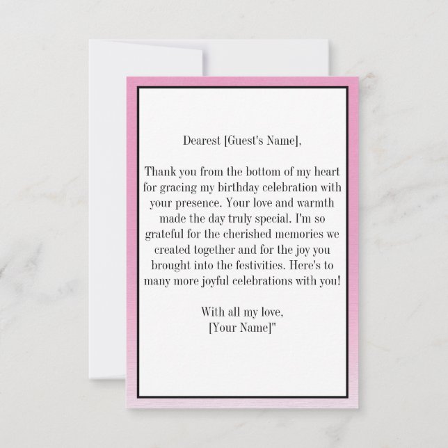 Pink Elegant Simple Birthday Thank You Photo Card (Back)