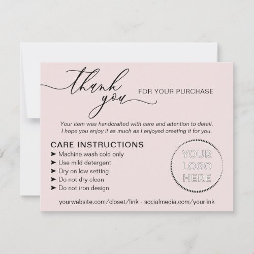 Pink Elegant Small Business Instructions Care Thank You Card
