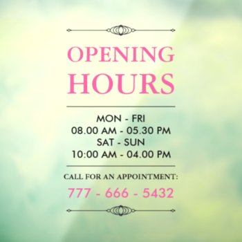 Pink Elegant Small Business Opening Hours Number Window Cling by birchandoak at Zazzle