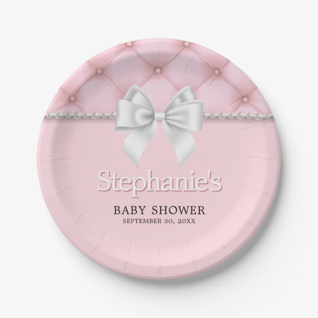 Pink Elegant Tiffany Chic Bow Fancy Baby Shower Paper Plates (Front)