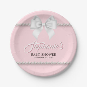 Pink Elegant Tiffany Pearls Bow Fancy Baby Shower Paper Plates