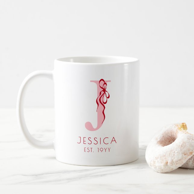 Pink Elegant Typography Chic Bow Feminine Monogram Coffee Mug (With Donut)