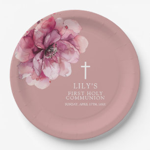 Pink Elegant Watercolor Floral Holy Communion Paper Plates