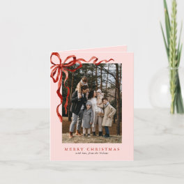 Pink Elegant Watercolor Red Bow Christmas 3 Photo Holiday Card