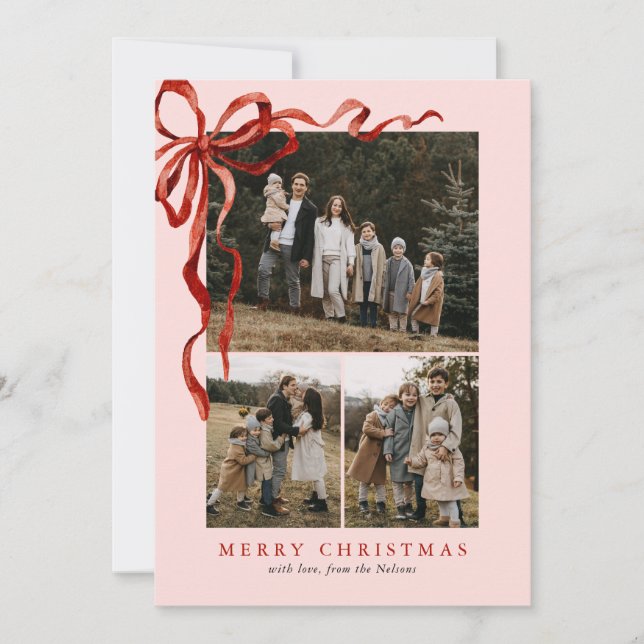 Pink Elegant Watercolor Red Bow Christmas 4 Photo Holiday Card (Front)