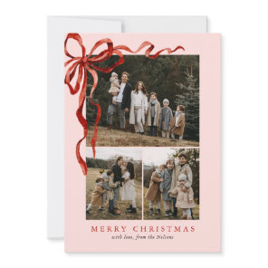 Pink Elegant Watercolor Red Bow Christmas 4 Photo Holiday Card