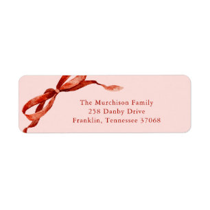 Pink Elegant Watercolor Red Bow Christmas Address Label