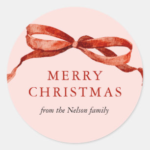 Pink Elegant Watercolor Red Bow Christmas Holiday Classic Round Sticker