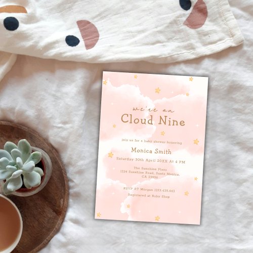 Pink Elegant We Are On Cloud Nine Girl Baby Shower Invitation