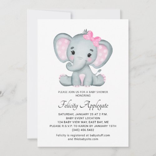 Pink Eleghant Girl Baby Shower Invitation