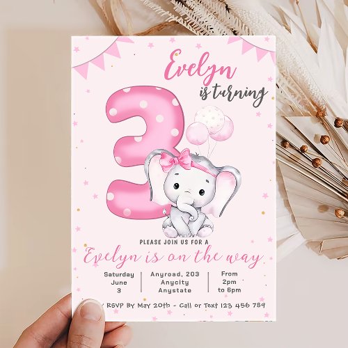 Pink Elephant 3rd Birthday Party Personalized Invitation