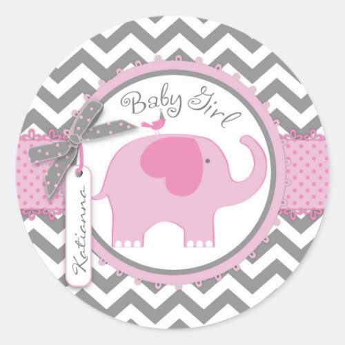 Pink Elephant and Chevron Print Baby Shower Classic Round Sticker