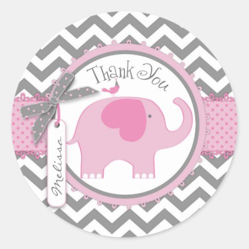Pink Elephant and Chevron Print Thank You Classic Round Sticker