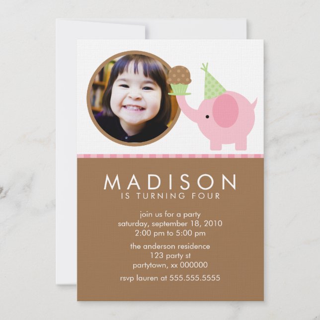 Pink Elephant and Cupcake Birthday Announcements (Front)