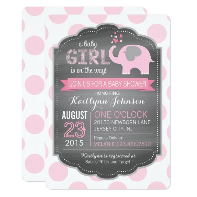 Pink Elephant And Dots Baby Shower Invitations