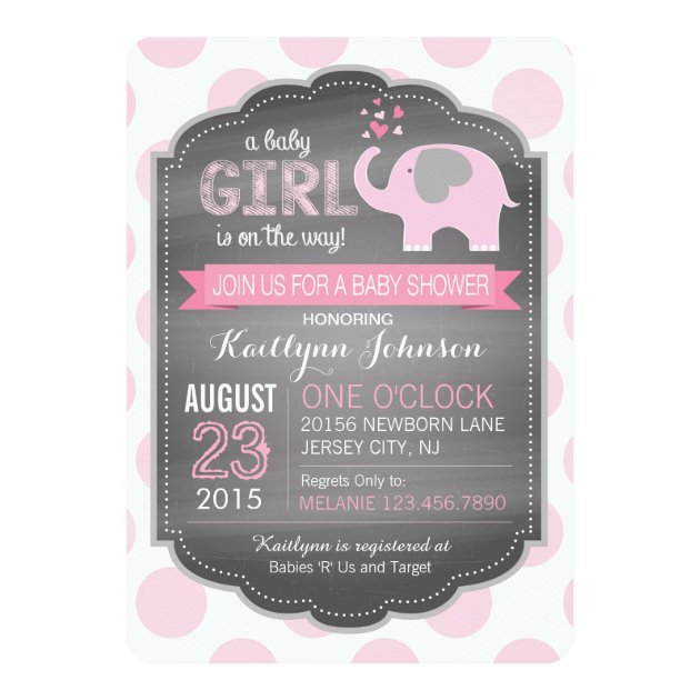 Pink Elephant And Dots Baby Shower Invitations