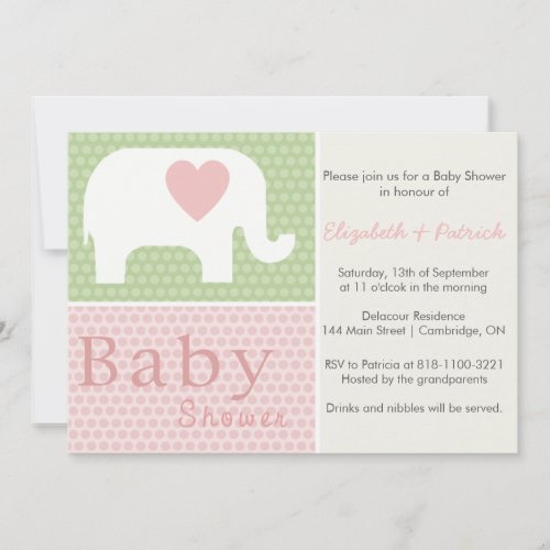 Pink Elephant and Heart Baby Shower Invitation