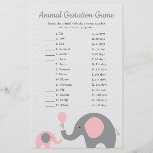 Pink Elephant Animal Gestation Match Shower Game