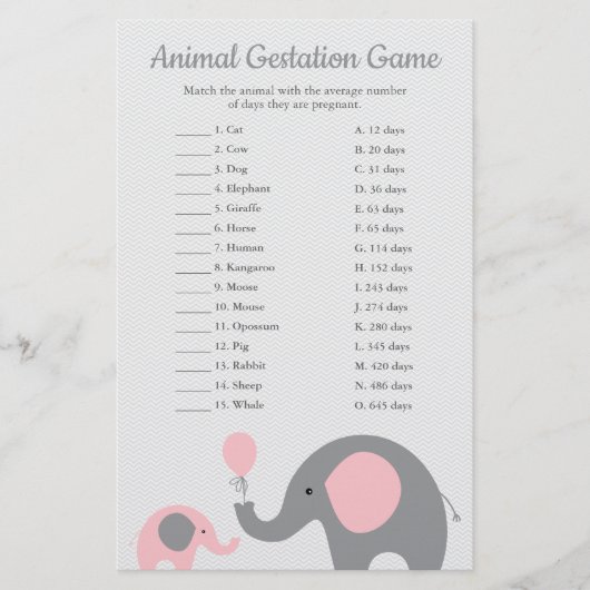 Pink Elephant Animal Gestation Match Shower Game (Front)