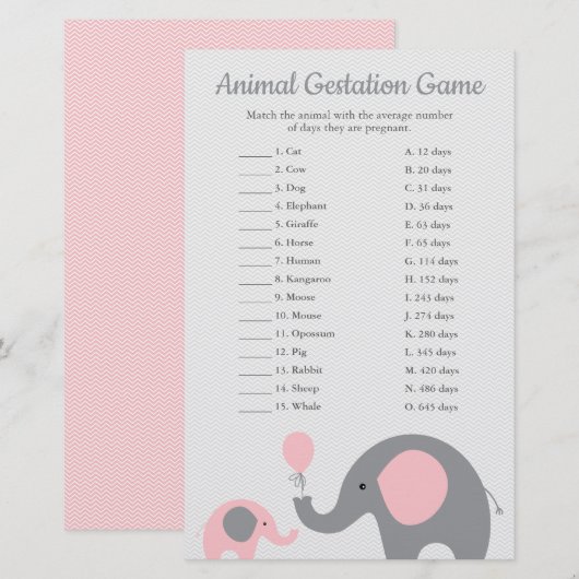 Pink Elephant Animal Gestation Match Shower Game (Front/Back)