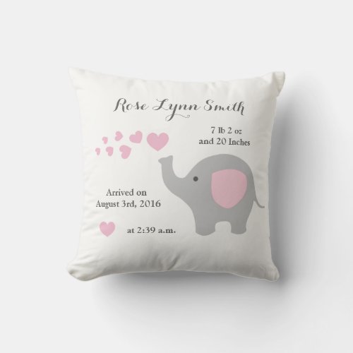 Pink Elephant Baby Birth Stats Announcement Girl Throw Pillow