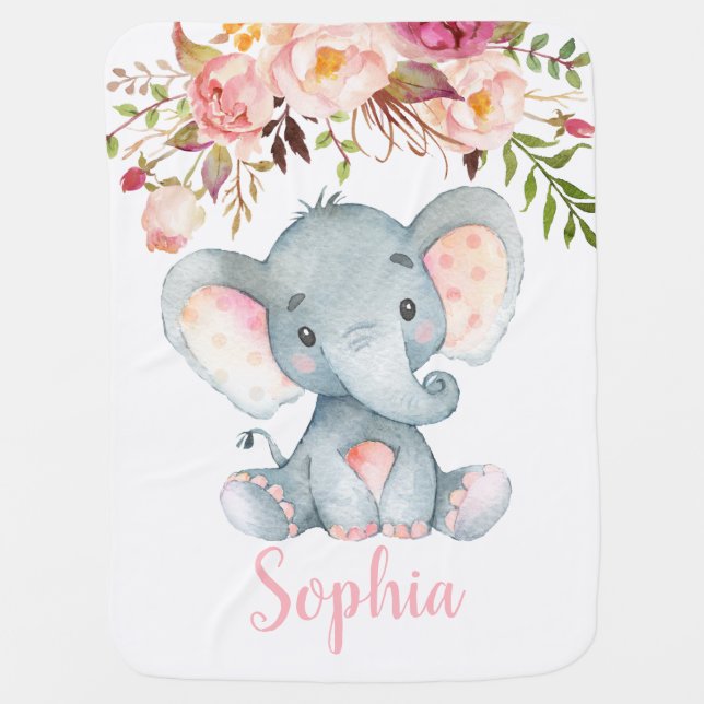 Pink Elephant Baby Blankets Floral Boho (Front)