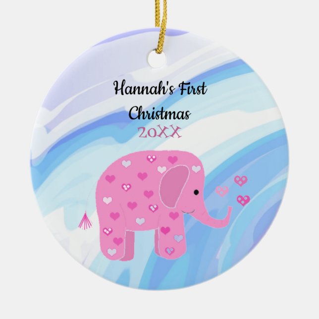 Pink Elephant Baby First Christmas Ceramic Ornament (Front)