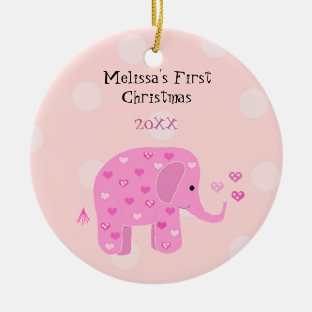 Pink Elephant Baby First Christmas Ceramic Ornament (Front)