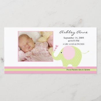 Pink Elephant Baby Girl Birth Annoucement Announcement by celebrateitinvites at Zazzle