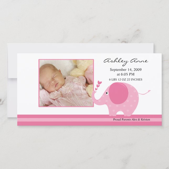 Pink Elephant Baby Girl Birth Annoucement Announcement (Front)