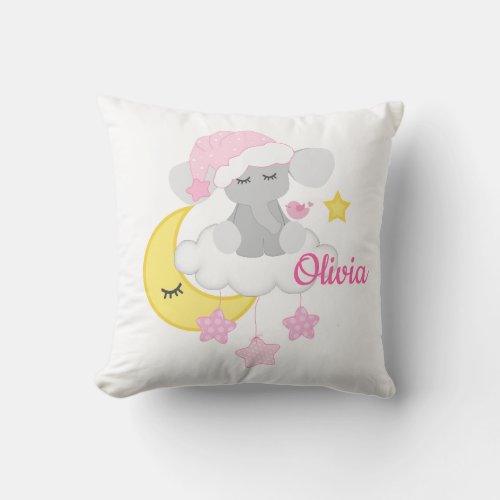 Pink Elephant Baby Girl Birth Stats Announcement Throw Pillow