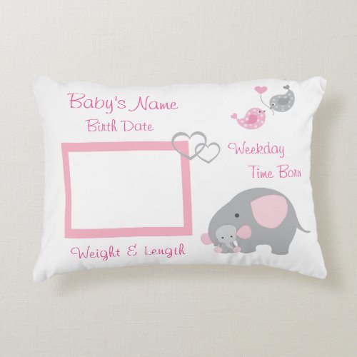 Pink Elephant Baby Girl Birth Stats Photo Nursery Decorative Pillow