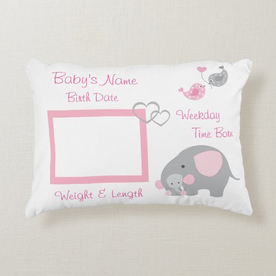 Pink Elephant Baby Birth Stats Photo Nursery Decorative Pillow Pink Elephant Baby Birth Stats Photo Nursery Decorative Pillow