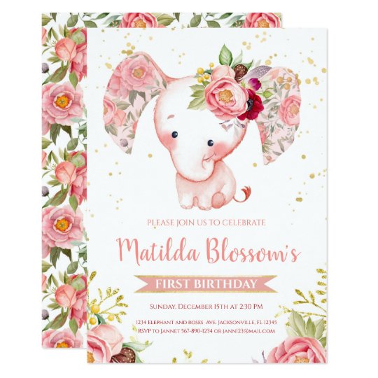 Pink Elephant Baby Girl Birthday Invitation | Zazzle.com