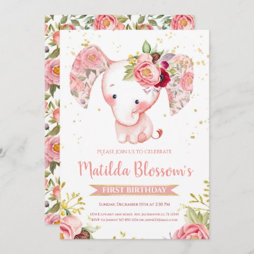 Pink Elephant Baby Girl Birthday Invitation