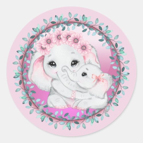 Pink elephant baby girl mom leaf wreath birth classic round sticker