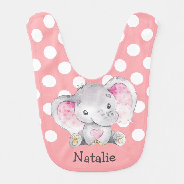 Pink Elephant Baby Girl Personalized Baby Bib (Front)
