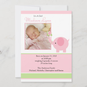 Pink Elephant Baby Girl Photo Announcement Card