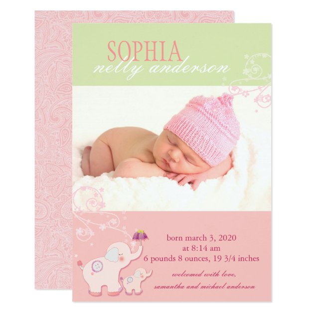 Pink Elephant Baby Girl Photo Birth Announcement