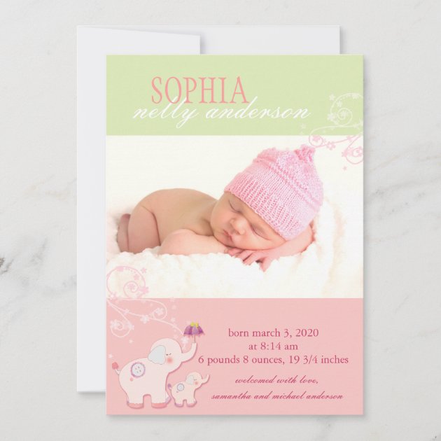 Pink Elephant Baby Girl Photo Birth Announcement
