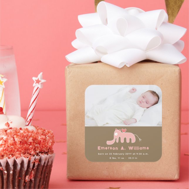 Pink Elephant Baby Girl Photo Birth Announcement Square Sticker (Party)