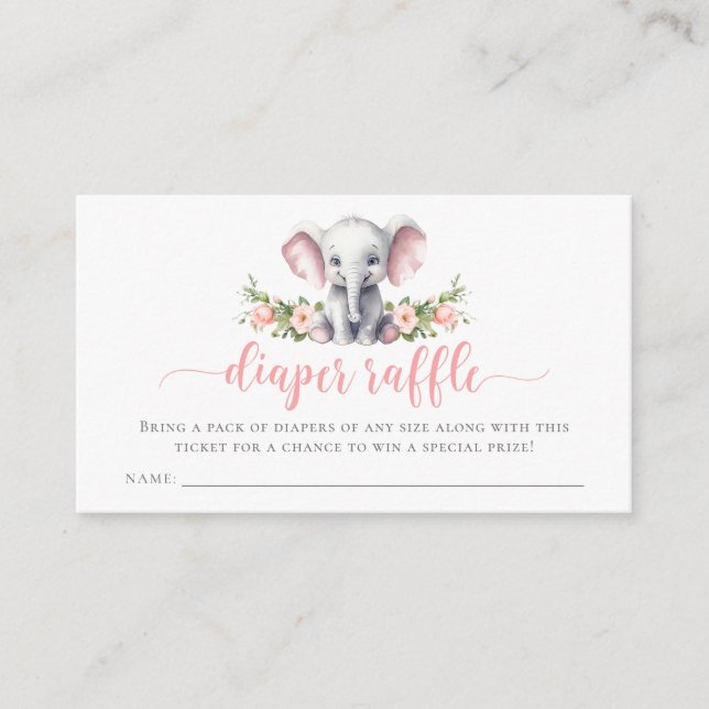 Pink Elephant Baby Girl Shower Diaper Raffle Enclosure Card (Front)