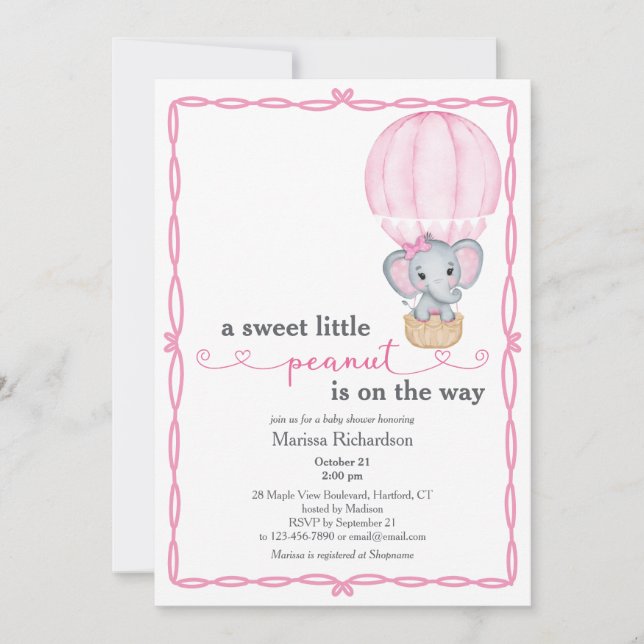Pink Elephant Baby Girl Shower Invitation (Front)