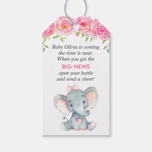 Pink Elephant Baby Girl Shower Mini Bottle Favor Gift Tags