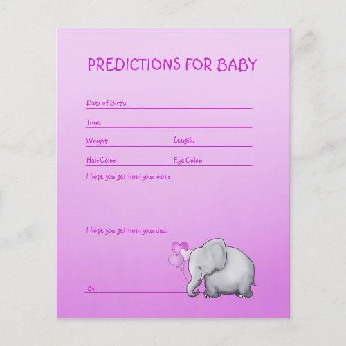 Pink Elephant Baby Girl Shower Predictions Game Flyer